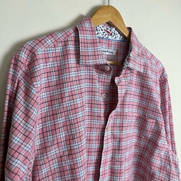 Tommy Bahama Linen Sorona Pink Plaid Button Up Shirt Men’s L EUC - Picture 2 of 11